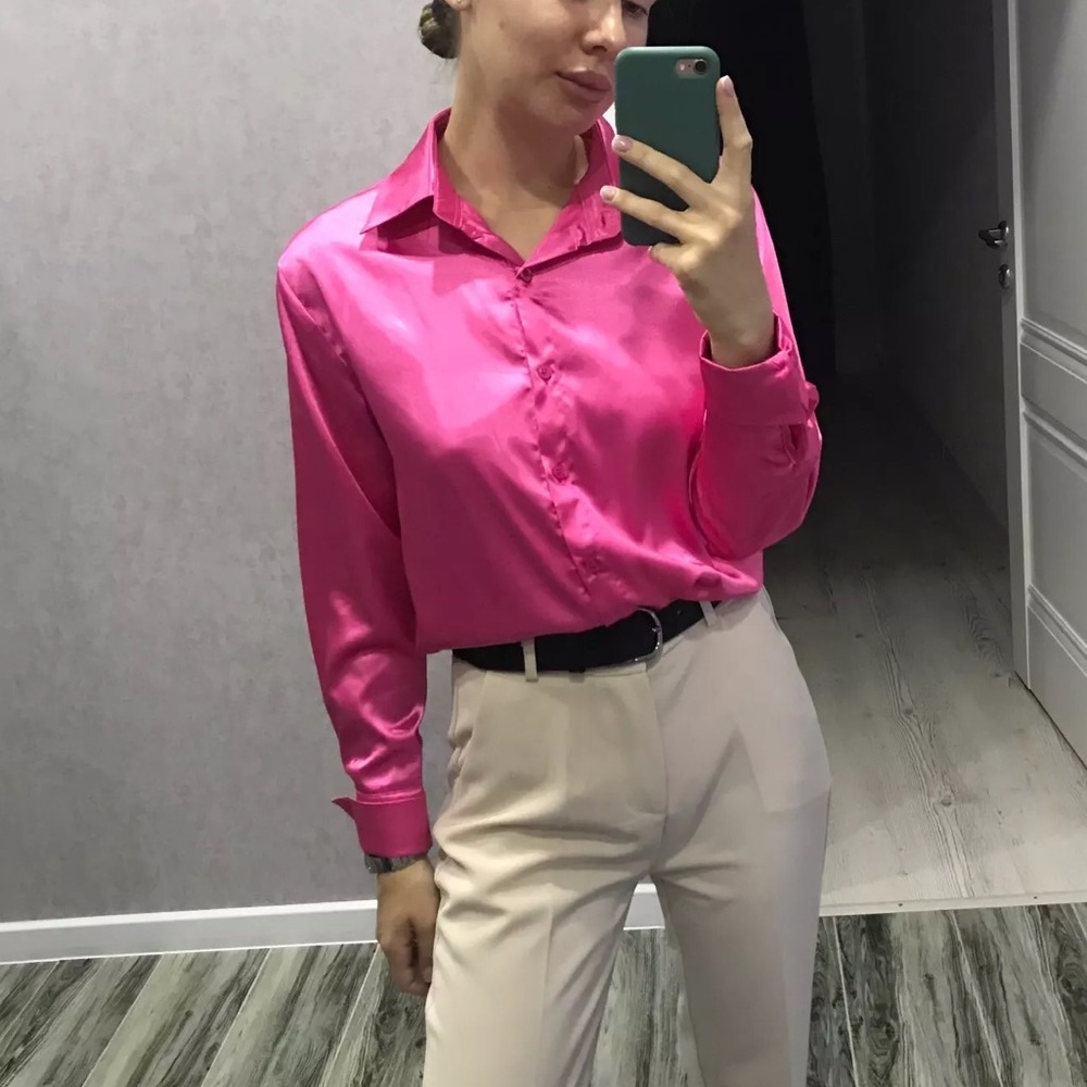 Satin shirt button collar top long sleeve Barbie pink silky womens NWT NEW - Picture 2 of 5